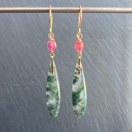 Moss Agate, Pink Tourmaline & Gold Long Drop Earrings