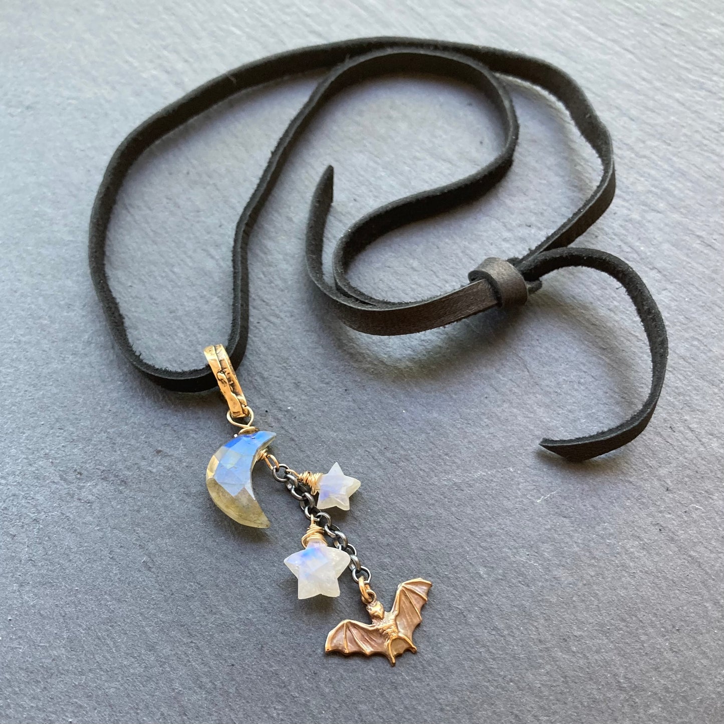 Labradorite, Rainbow Moonstone & Mixed Metal Bat Moon Deerskin Leather Choker