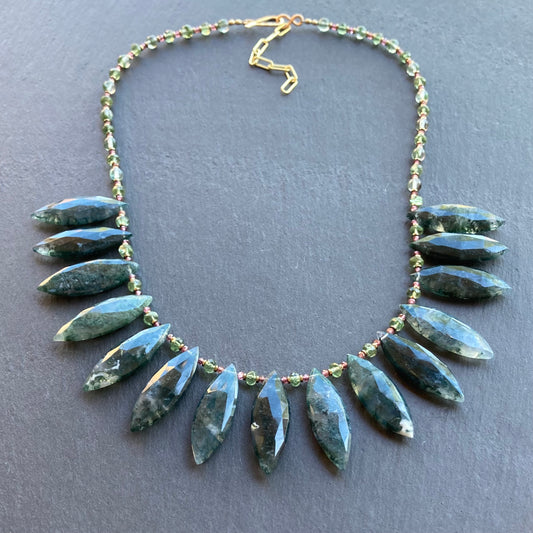 Moss Agate, Apatite, Rhodolite & Pyrite Necklace
