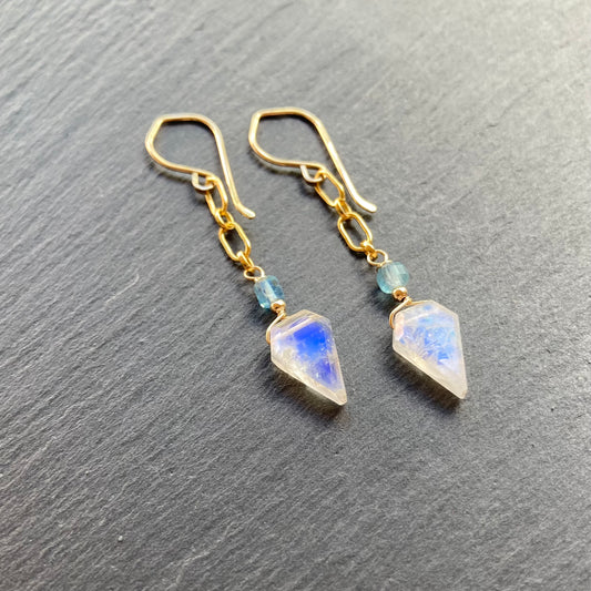 Rainbow Moonstone, Santa Maria Aquamarine & Gold Arrowhead Earrings