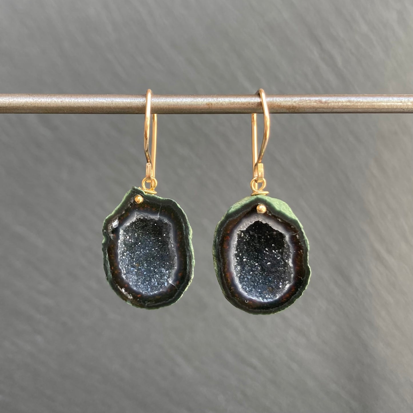 Black Druzy Tabasco Geode & Gold Earrings