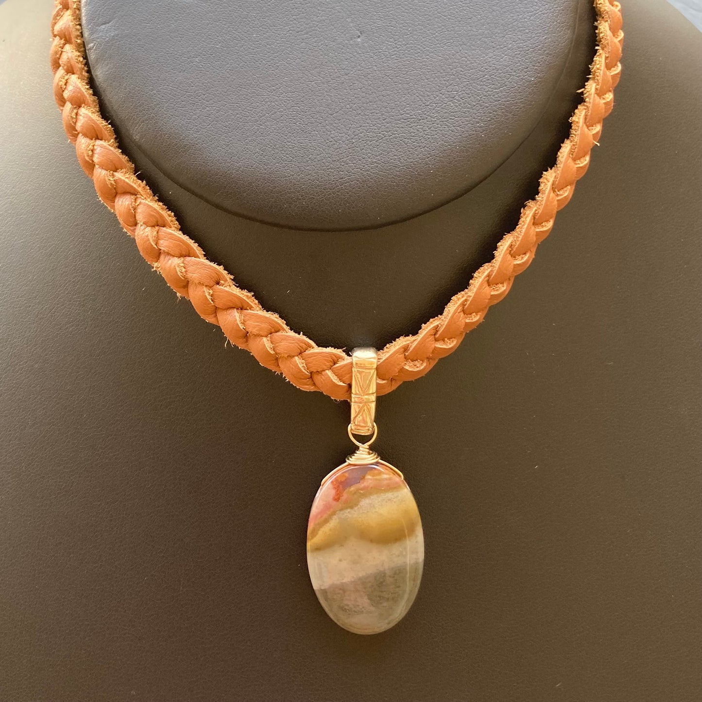 Polychrome Jasper & Bronze Braided Deertan Leather Choker
