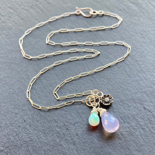 Scorolite, Ethiopian Opal & Sterling Silver Cherry Blossom Charm Necklace