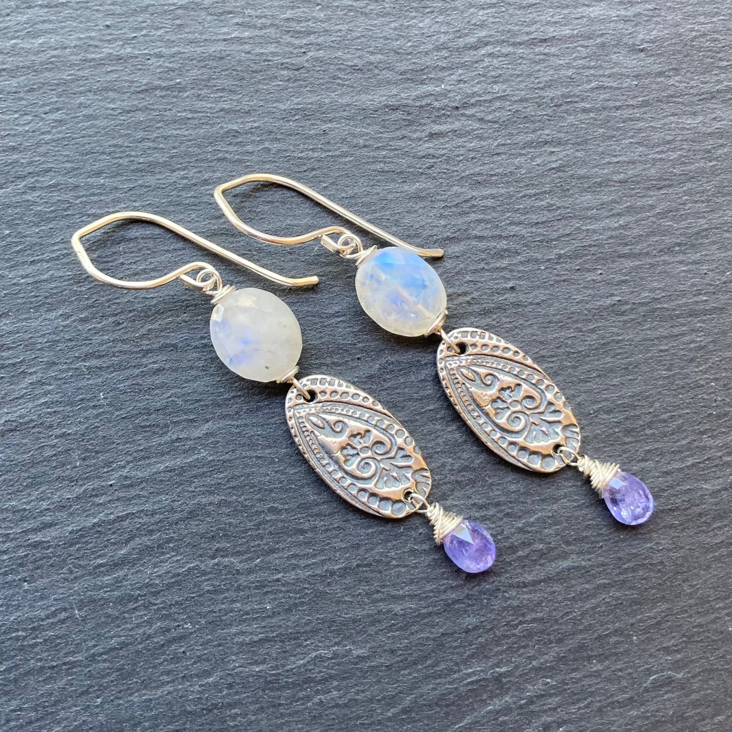 Rainbow Moonstone, Tanzanite & Sterling Silver Earrings