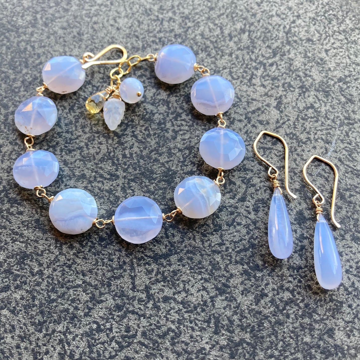 Blue Lace Agate & Gold Multi Gem Charm Bracelet