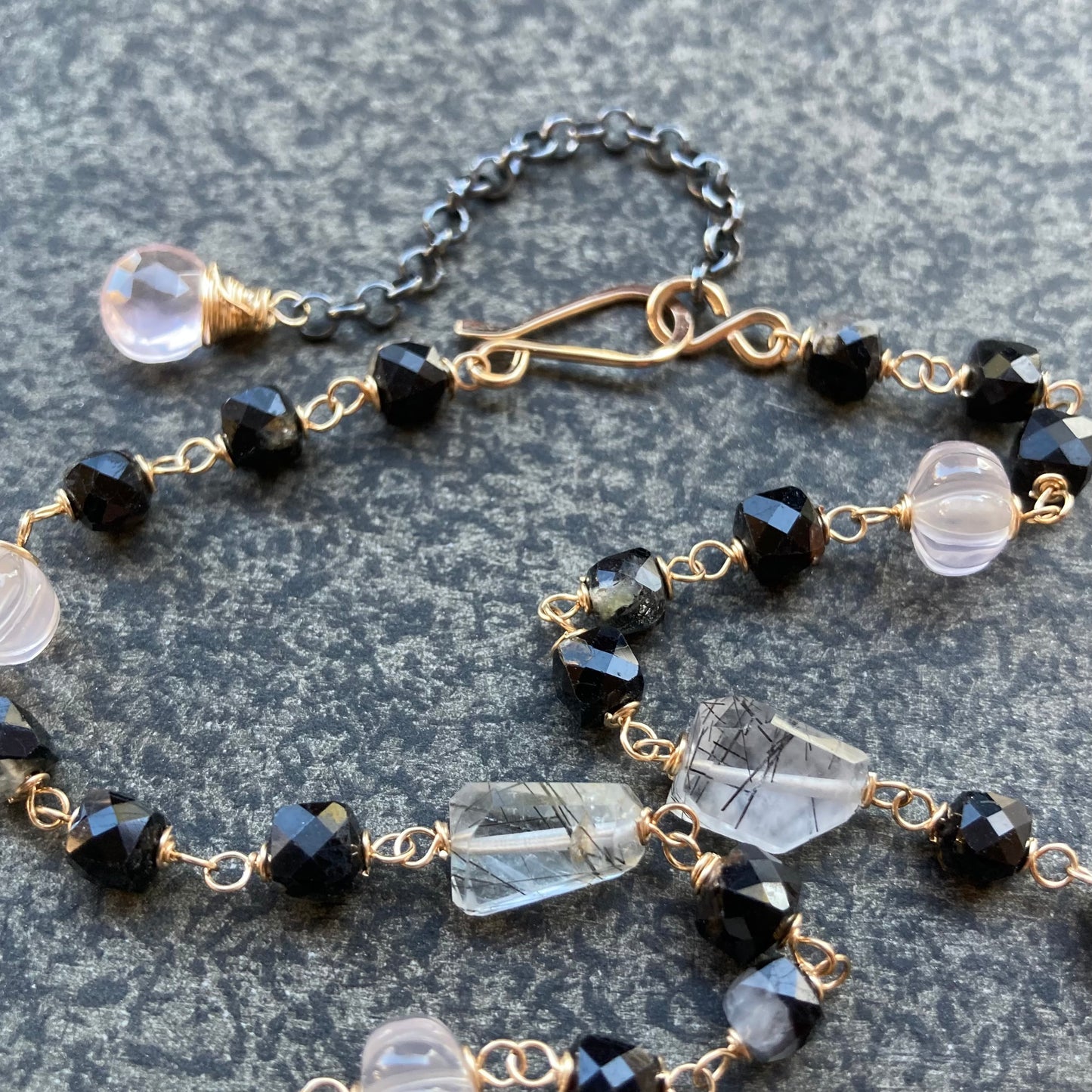 Black Rutilated Quartz, Rose Quartz, Black Tourmaline & Mixed Metal Necklace