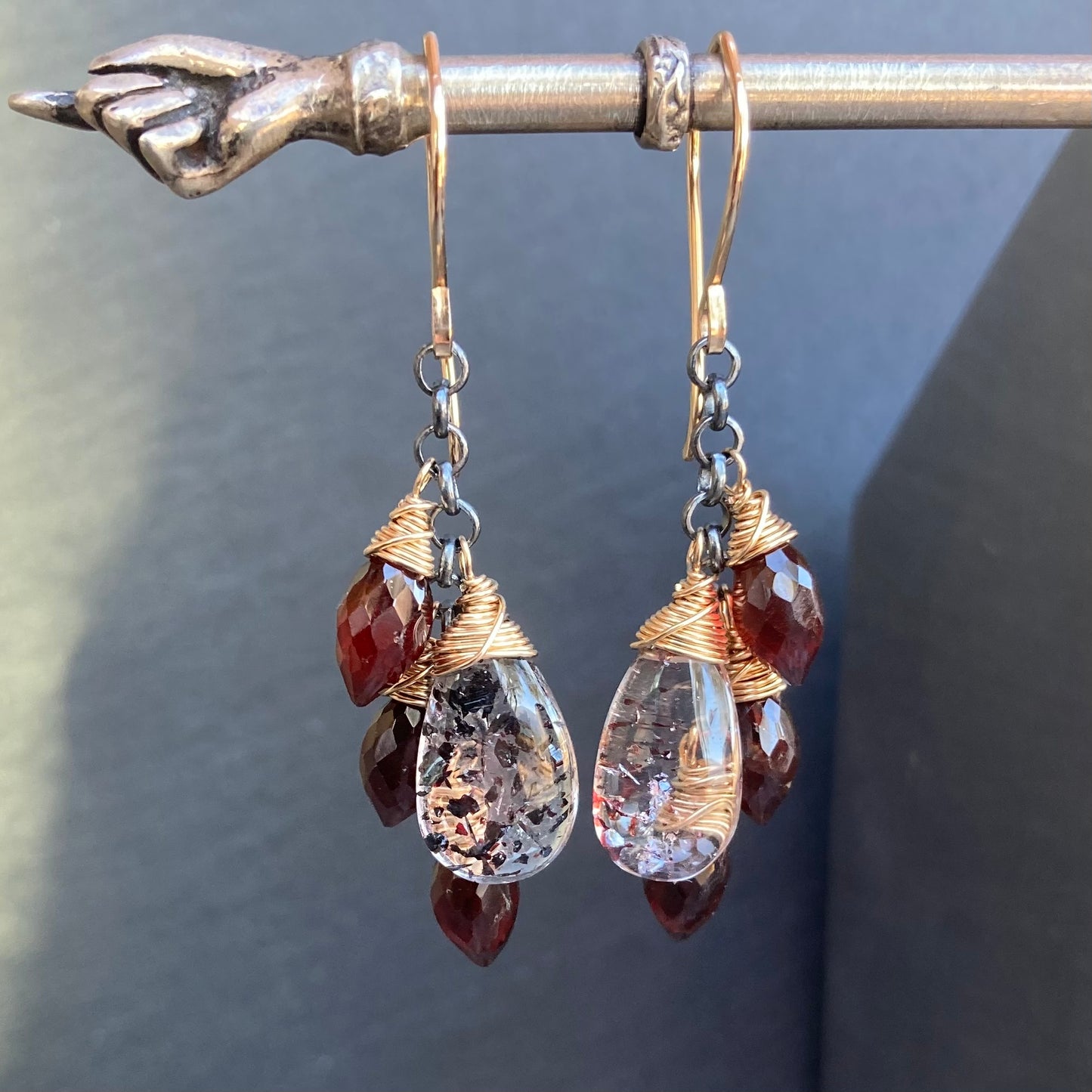 Lepidocrocite, Mozambique Garnet & Mixed Metal Cascade Earrings