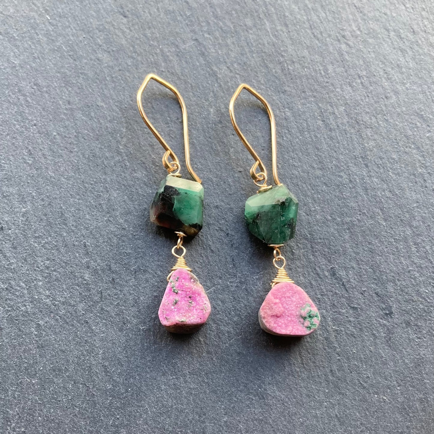 Natural Emerald, Cobalto Calcite & Gold Earrings