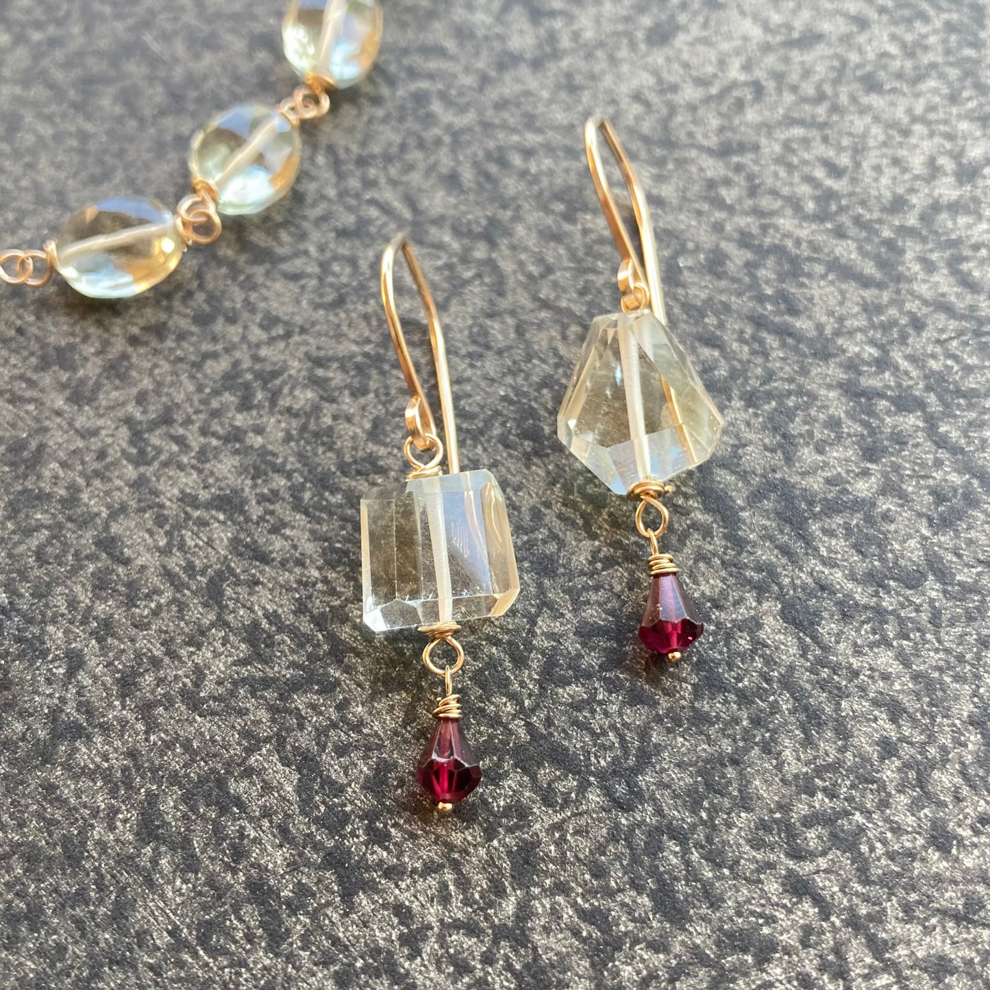 Prasiolite, Rhodilite & Gold Earrings