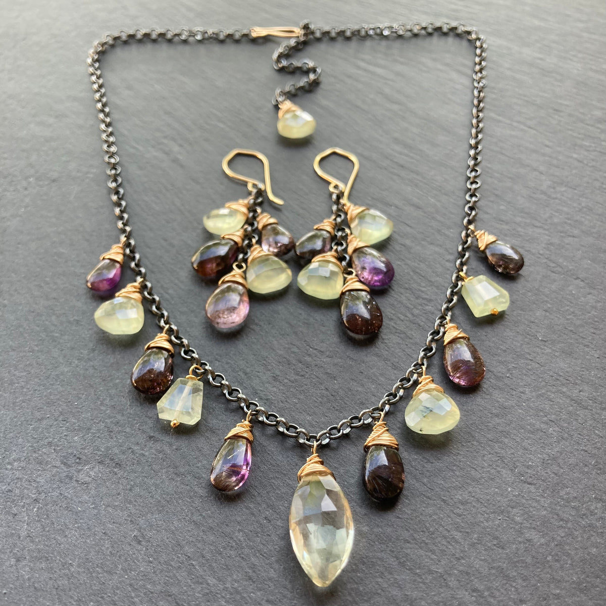 Moss Amethyst, Prehnite & Mixed Metal Earrings