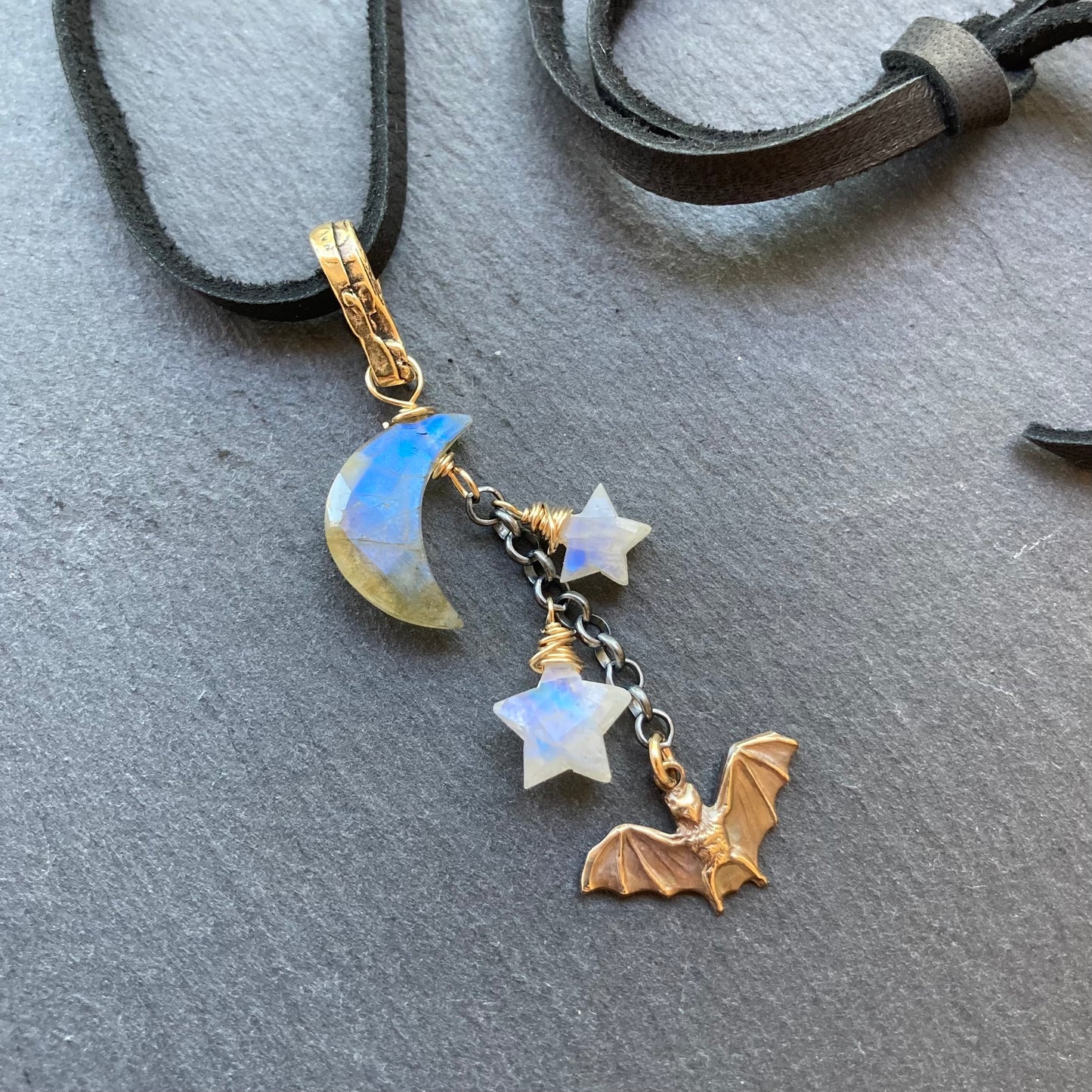 Labradorite, Rainbow Moonstone & Mixed Metal Bat Moon Deerskin Leather Choker