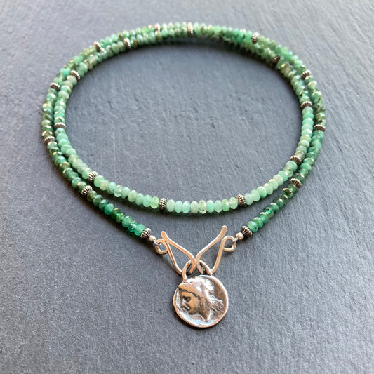 Natural Emerald & Sterling Silver Pegasus & Athena Coin Convertible Necklace