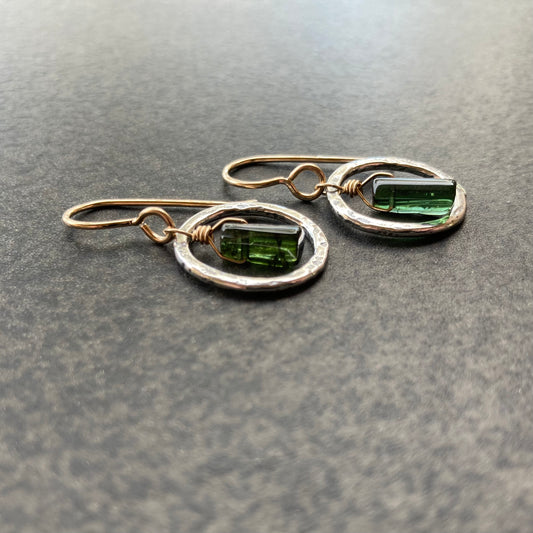 Green Tourmaline & Mixed Metal Hoops