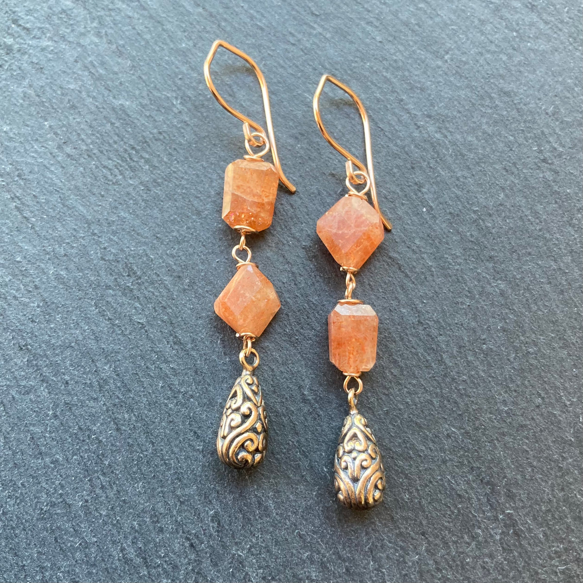 Sunstone, Rose Gold & Shibuichi Long Drop Earrings