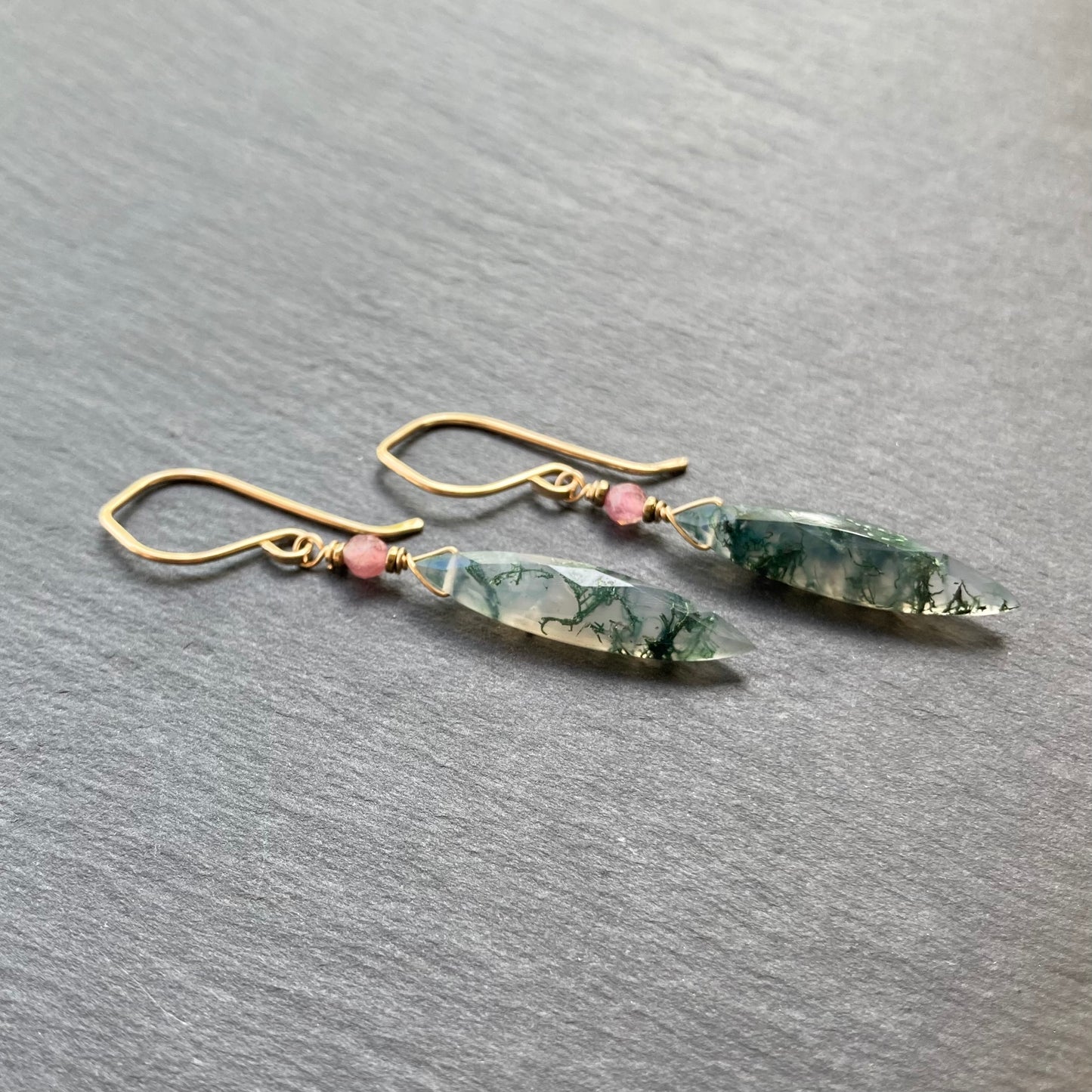 Moss Agate & Gold Marquis Earrings