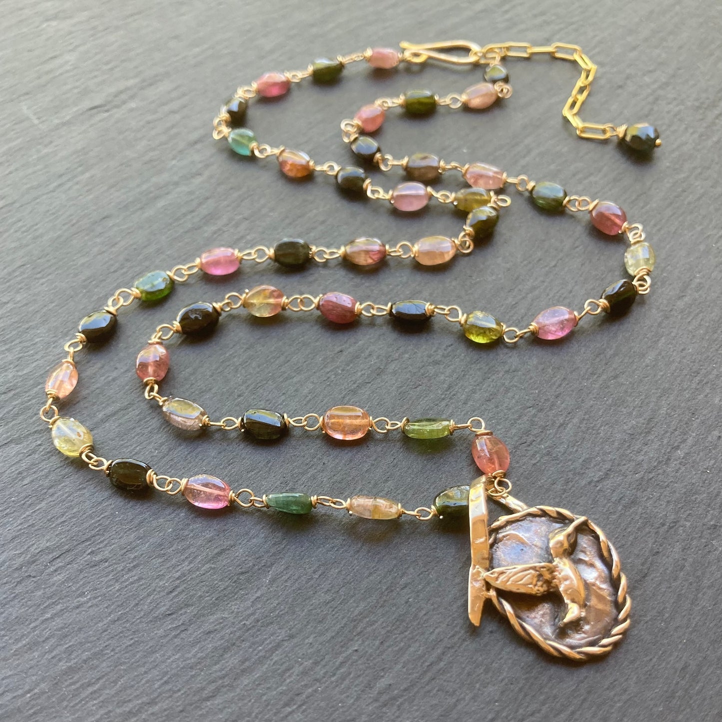 Multicolor Tourmaline, Gold & Bronze Hummingbird Pendant Necklace