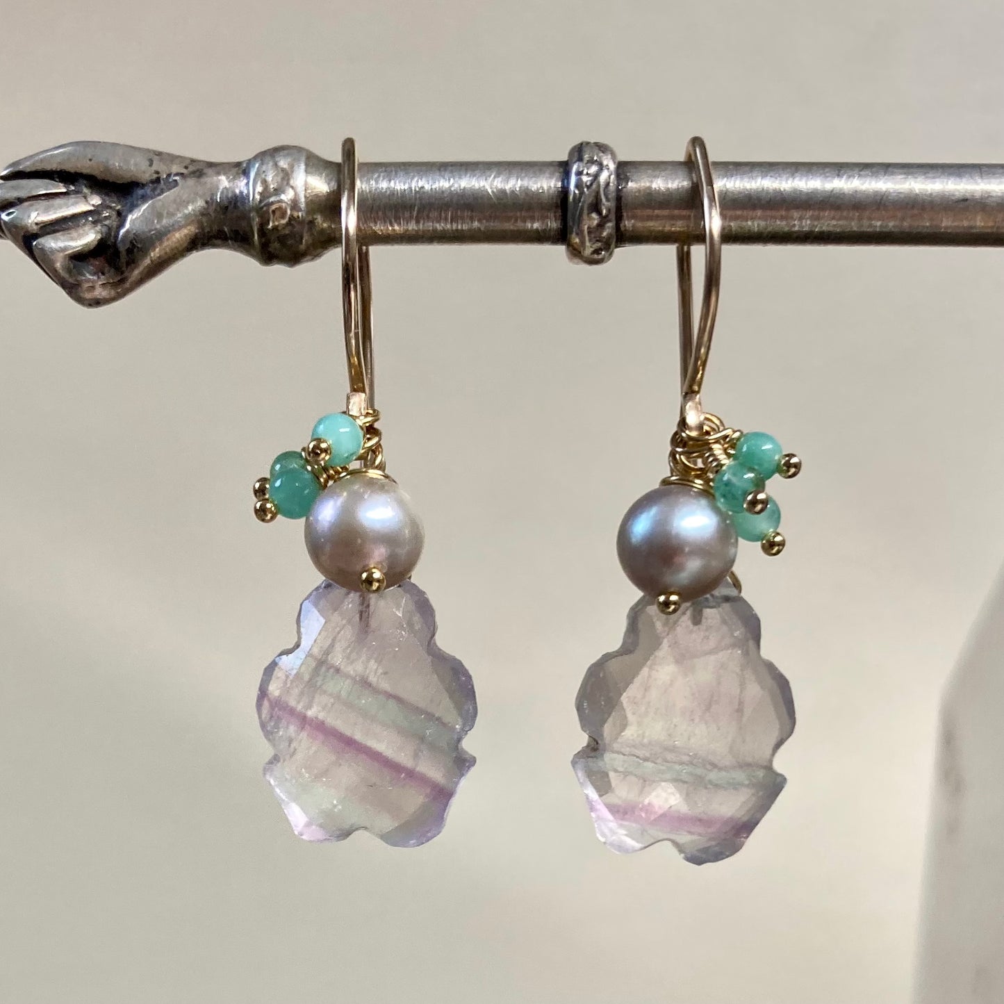 Rainbow Fluorite, Emerald, Pearl & Gold Earrings