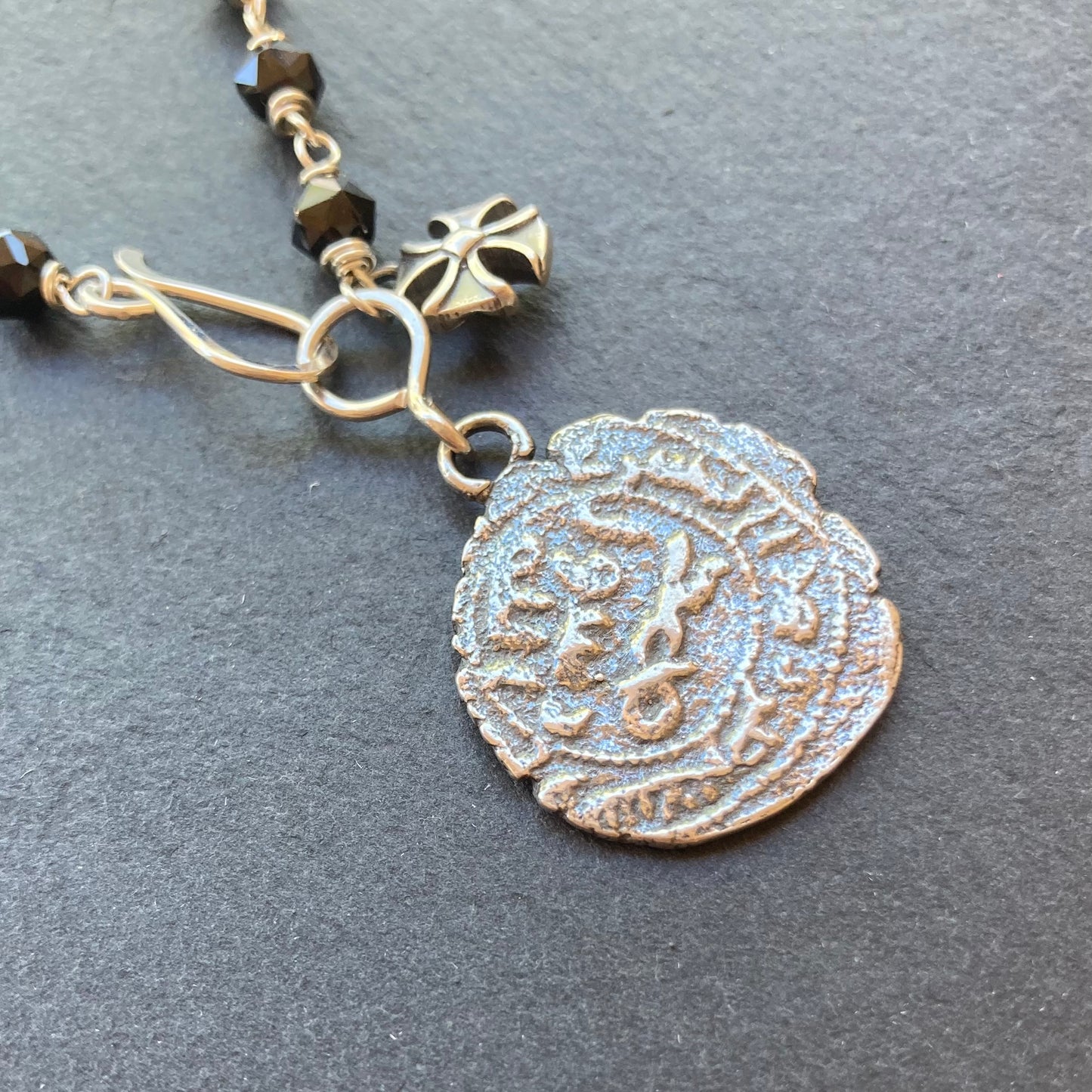 Black Spinel & Sterling Silver Medieval Coin Necklace