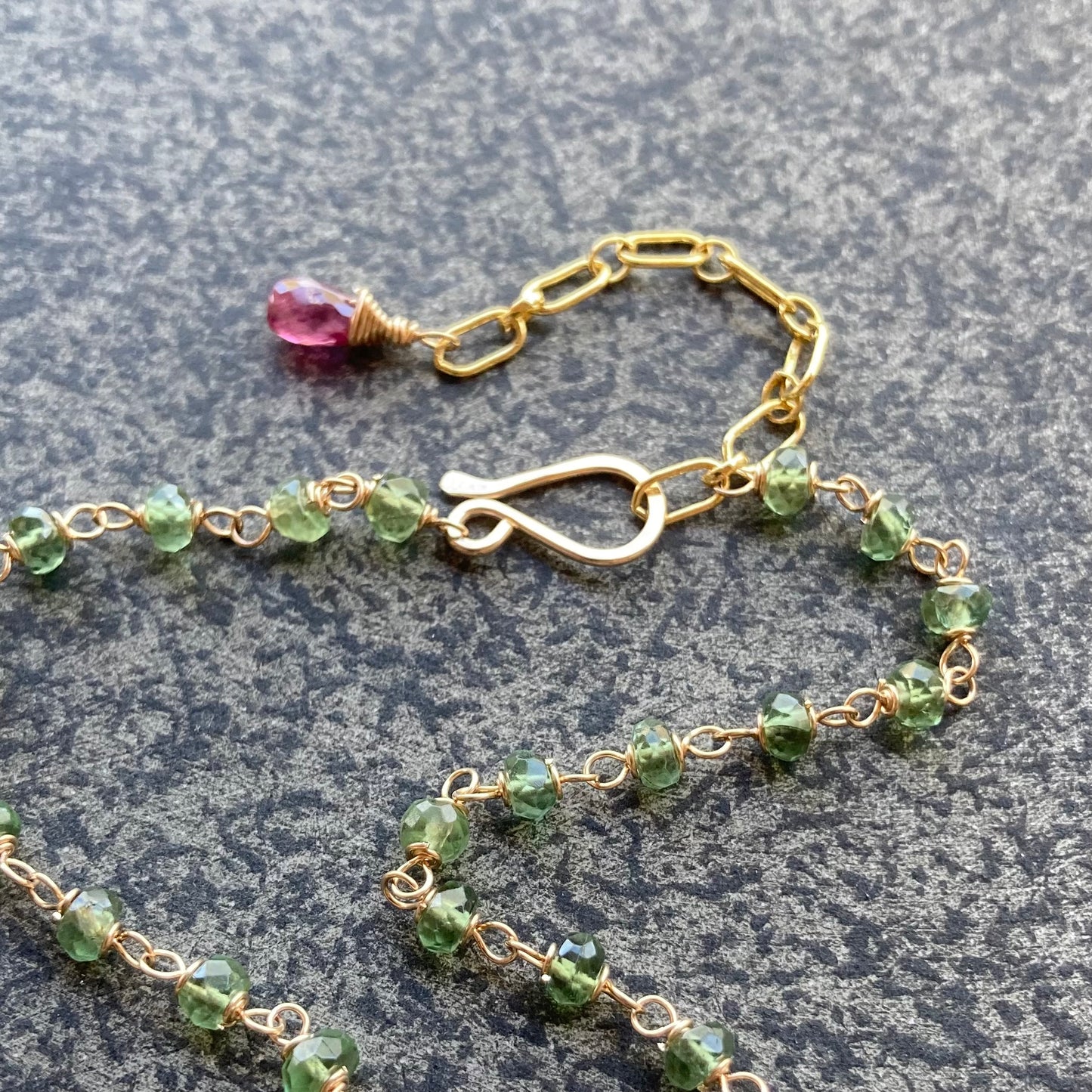 Green Apatite, Gold, Vintage Abalone & Bronze Dragonfly Reflection Pendant Necklace