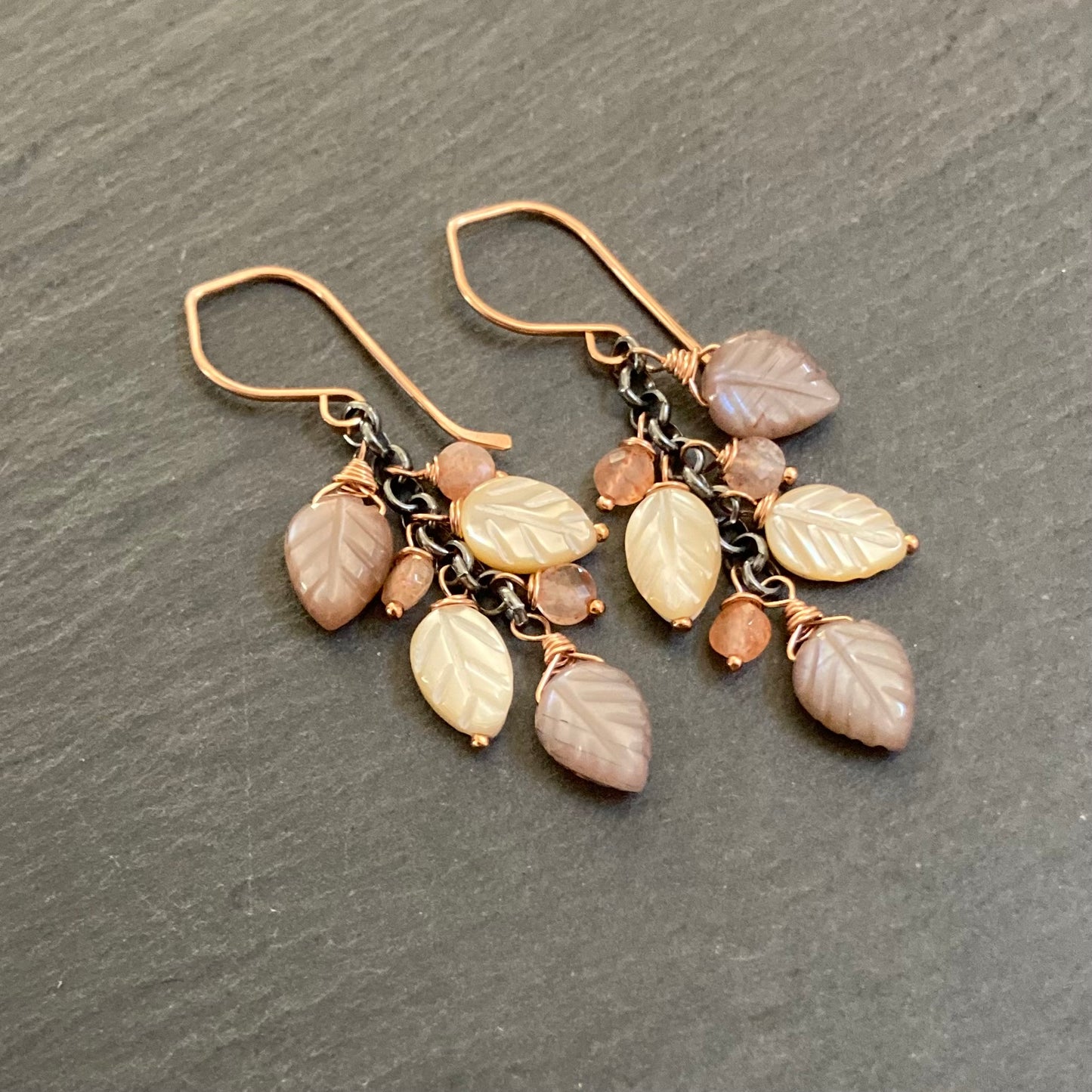 Chocolate Moonstone, Mother of Pearl & Mixed Metal Leaf Cascade Earrings