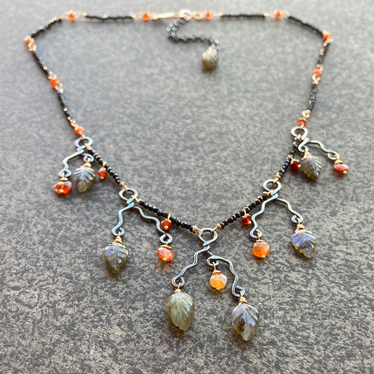 “Embers” Black Tourmaline, Fire Opal, Labradorite & Mixed Metal Necklace