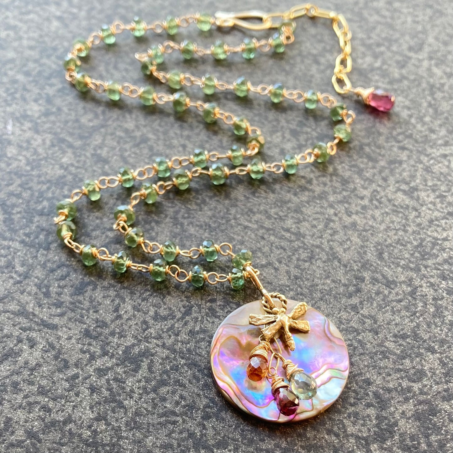 Green Apatite, Gold, Vintage Abalone & Bronze Dragonfly Reflection Pendant Necklace