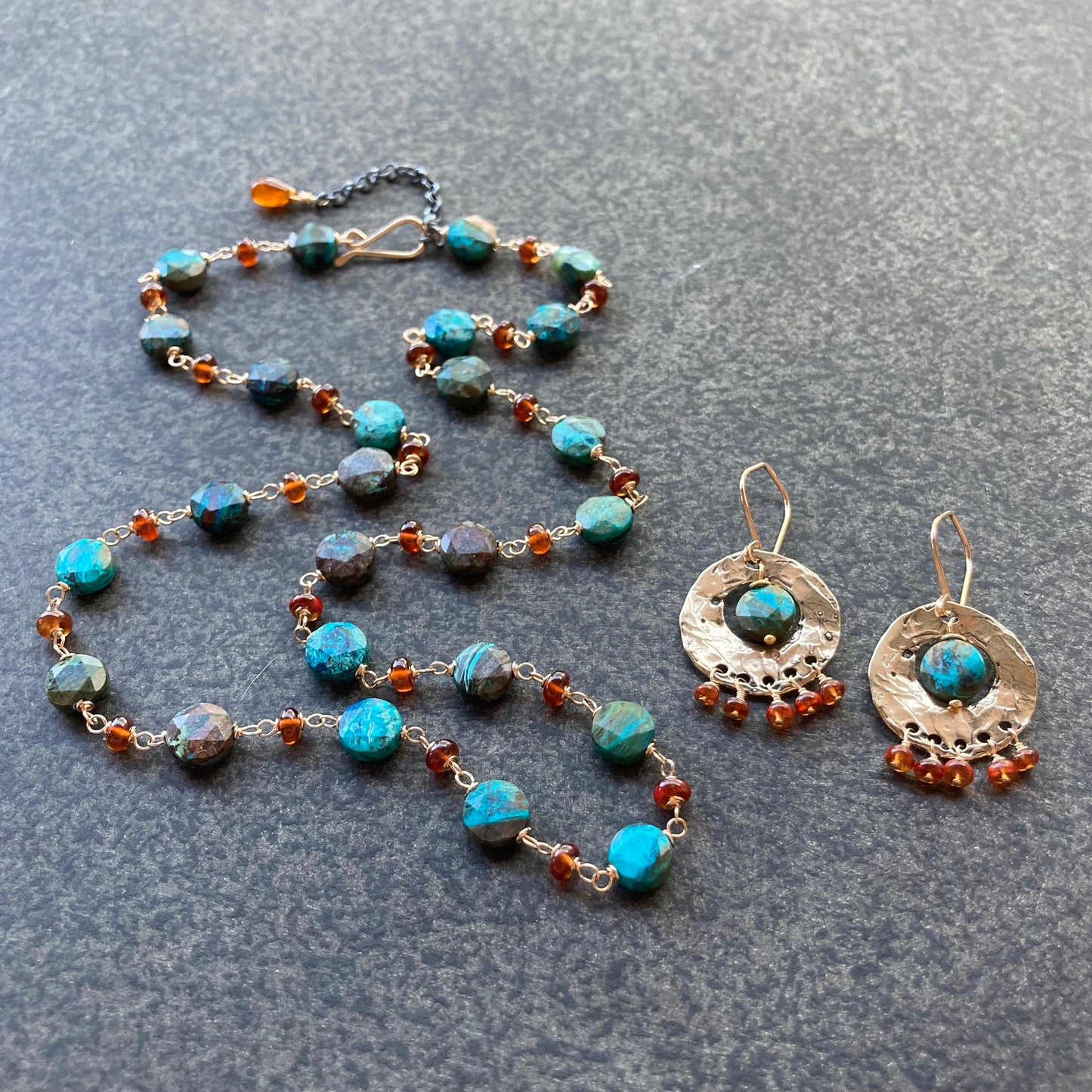 Natural Chrysocolla, Hessonite & Gold Necklace