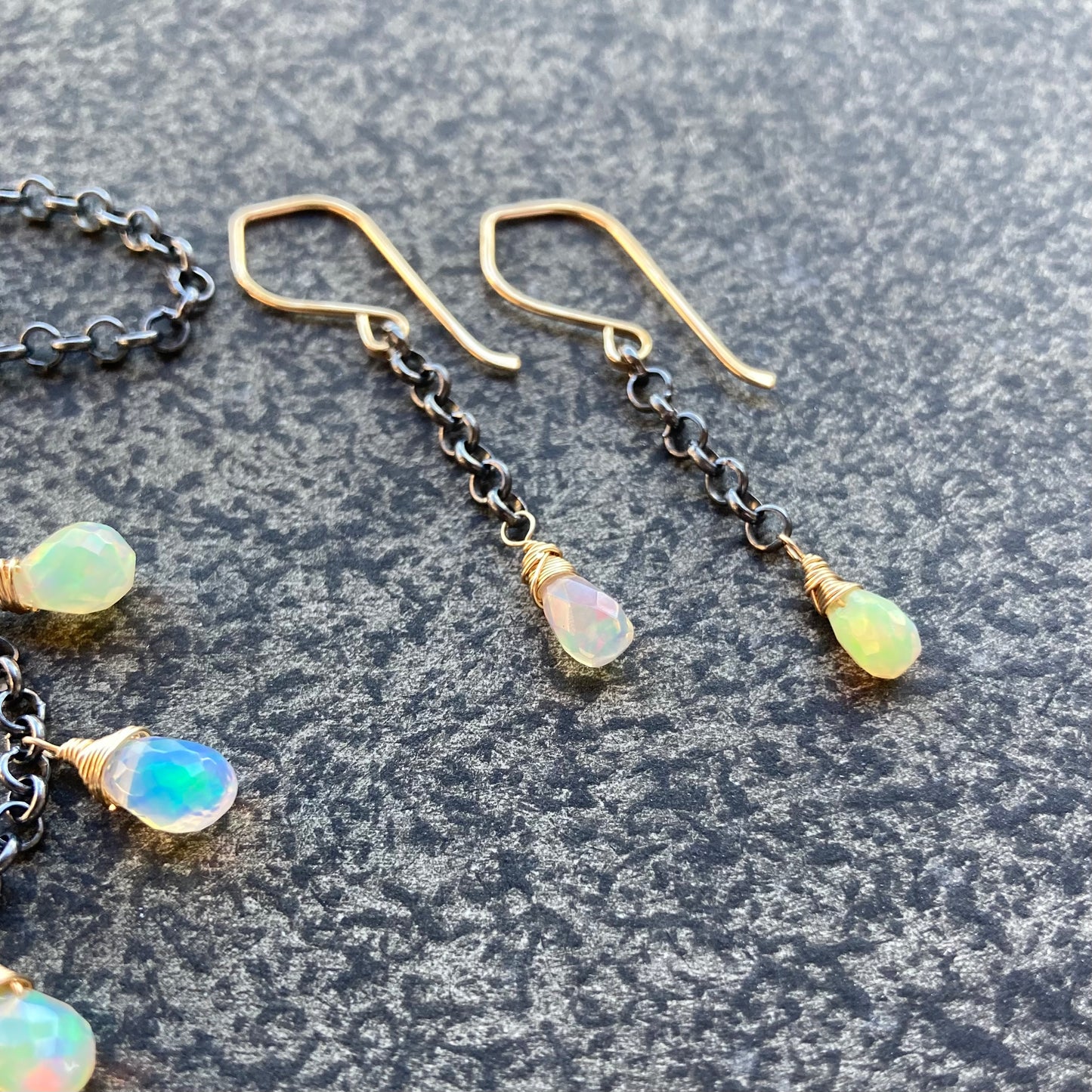 Ethiopian Opal & Mixed Metal Long Drop Earrings