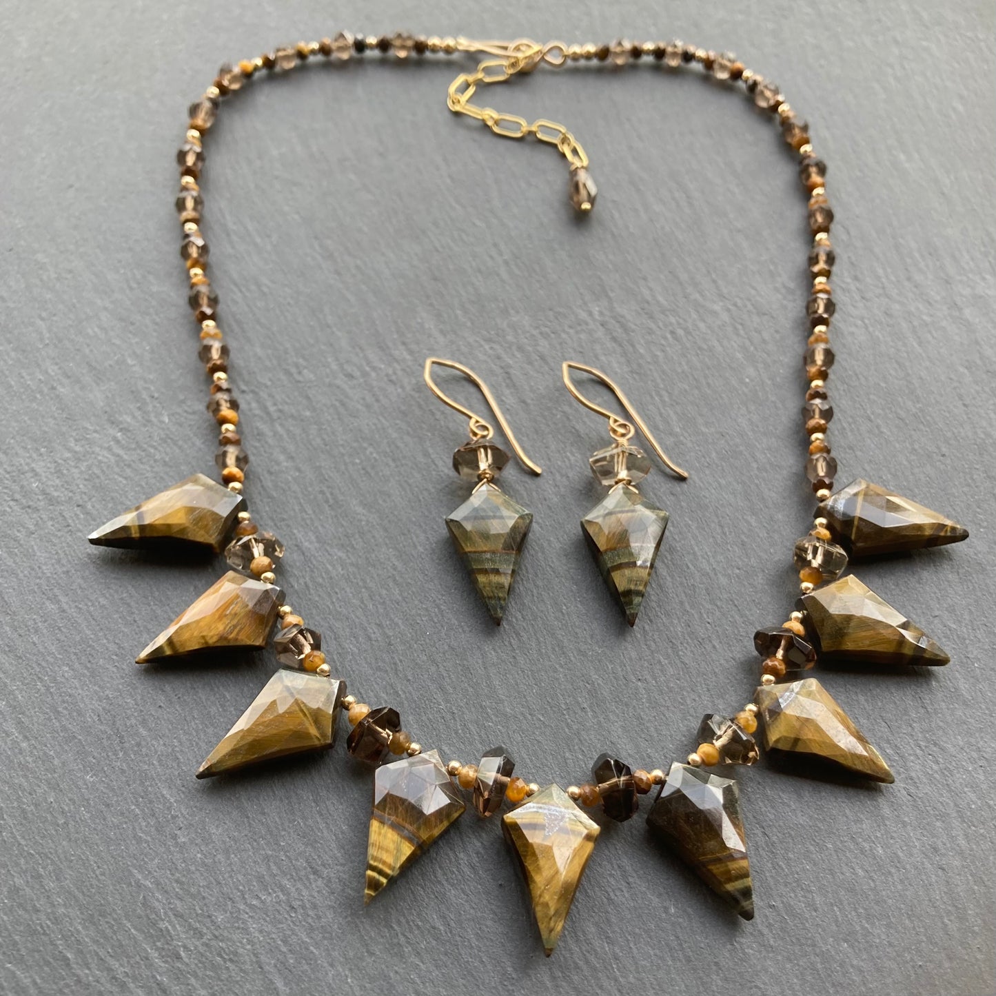 Tiger’s Eye, Smoky Quartz & Gold Arrowhead Collar