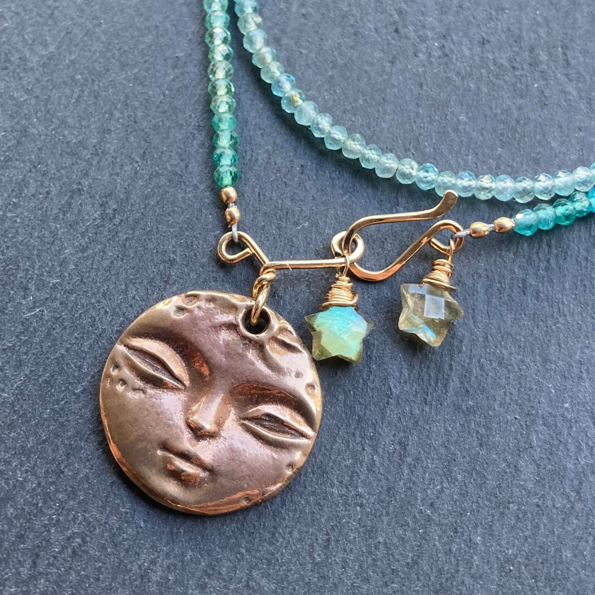 Aqua Apatite & Bronze Full Moon Pendant Choker