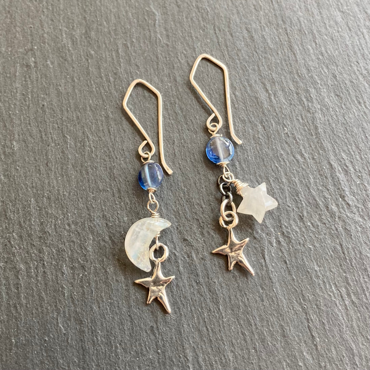 Custom Repair: Rainbow Moonstone, Blue Kyanite & Sterling Siver Moon Star Earrings