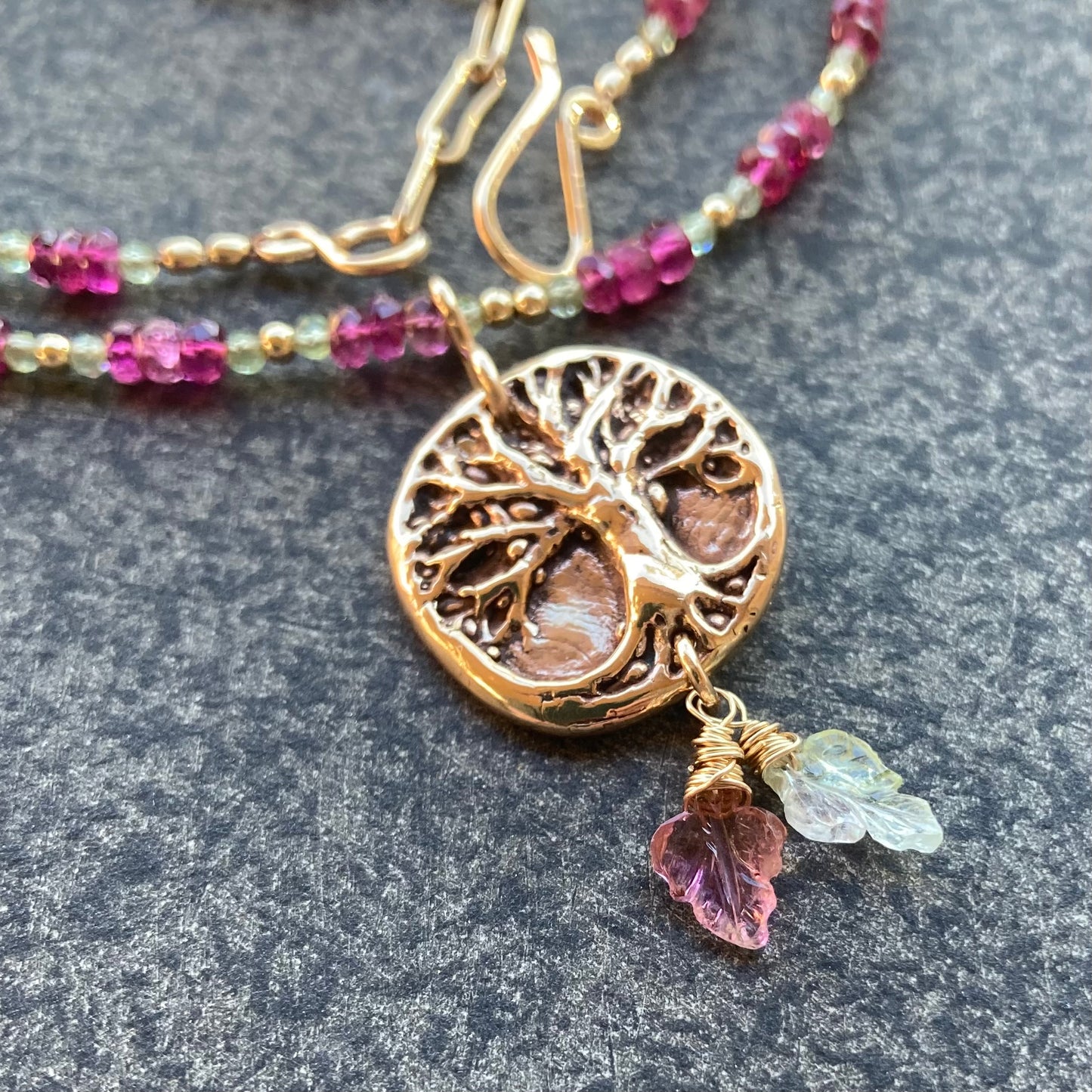 Rubelite Tourmaline, Peridot, Gold & Bronze Tree of Life Pendant Necklace