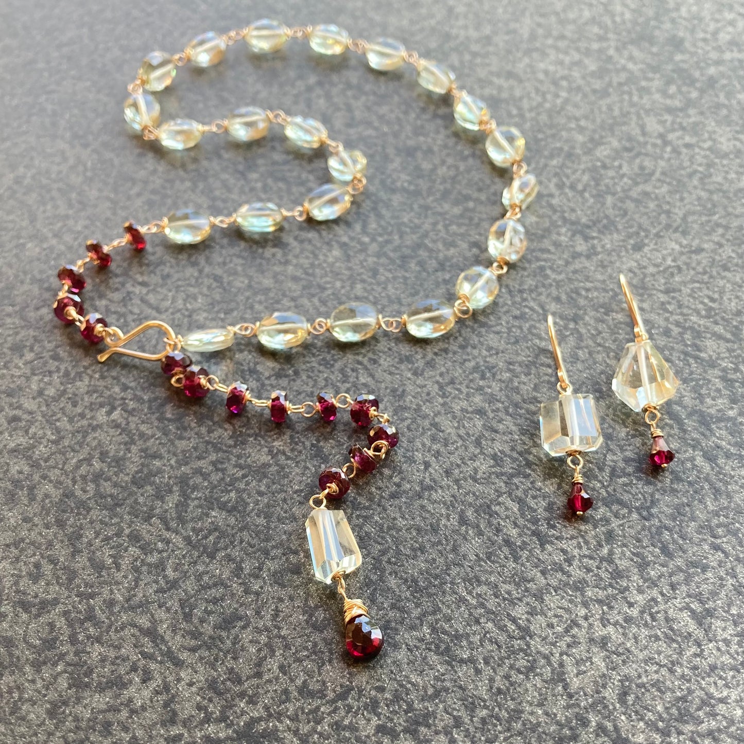 Prasiolite, Rhodolite & Gold Convertible Lariat Necklace