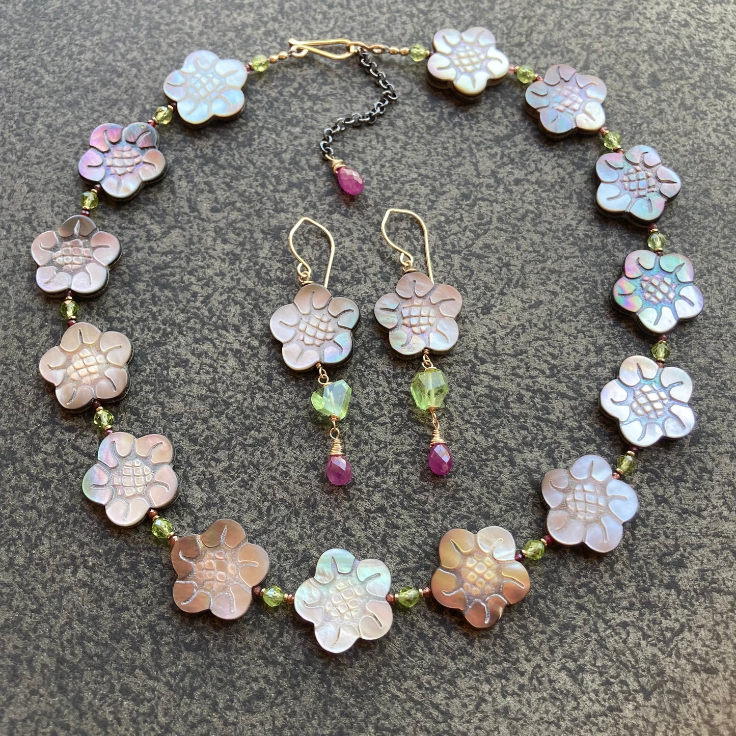 Black Mother of Pearl, Peridot, Ruby & Gold Cherry Blossom Earrings