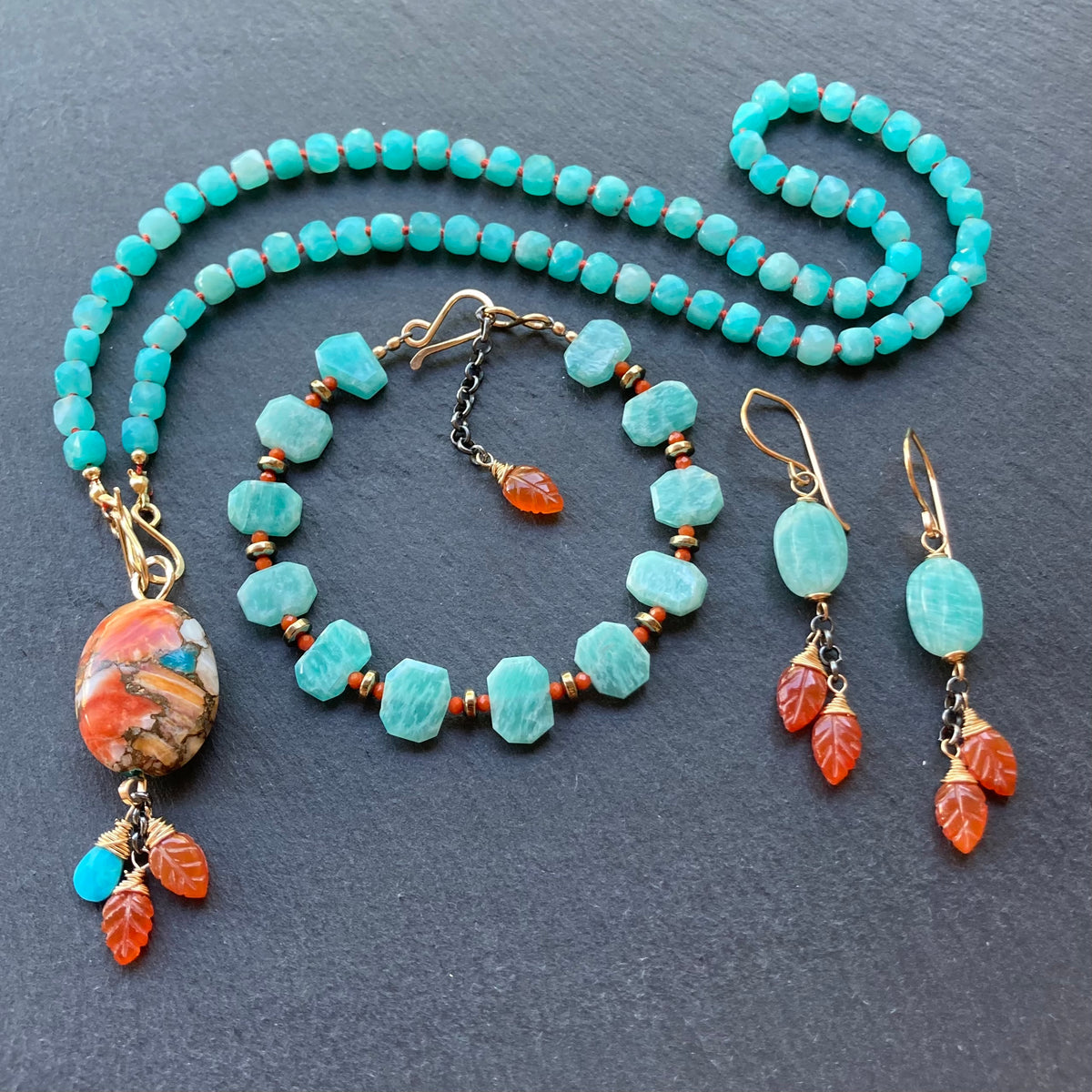 Amazonite Hand Knotted Coral Silk Necklace with Removable Kingman Turquoise & Spiny Oyster Pendant