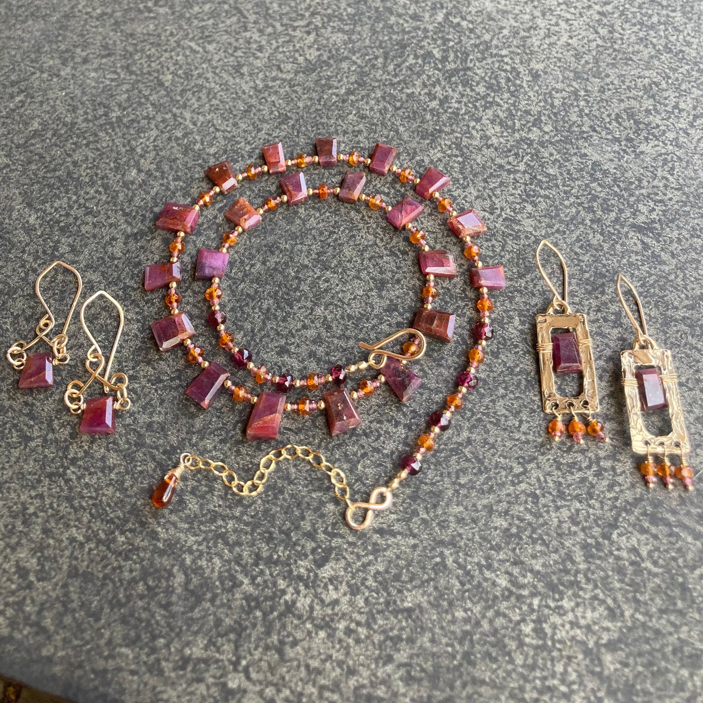 Natural African Ruby, Orange Kyanite, Rhodolite & Gold Choker