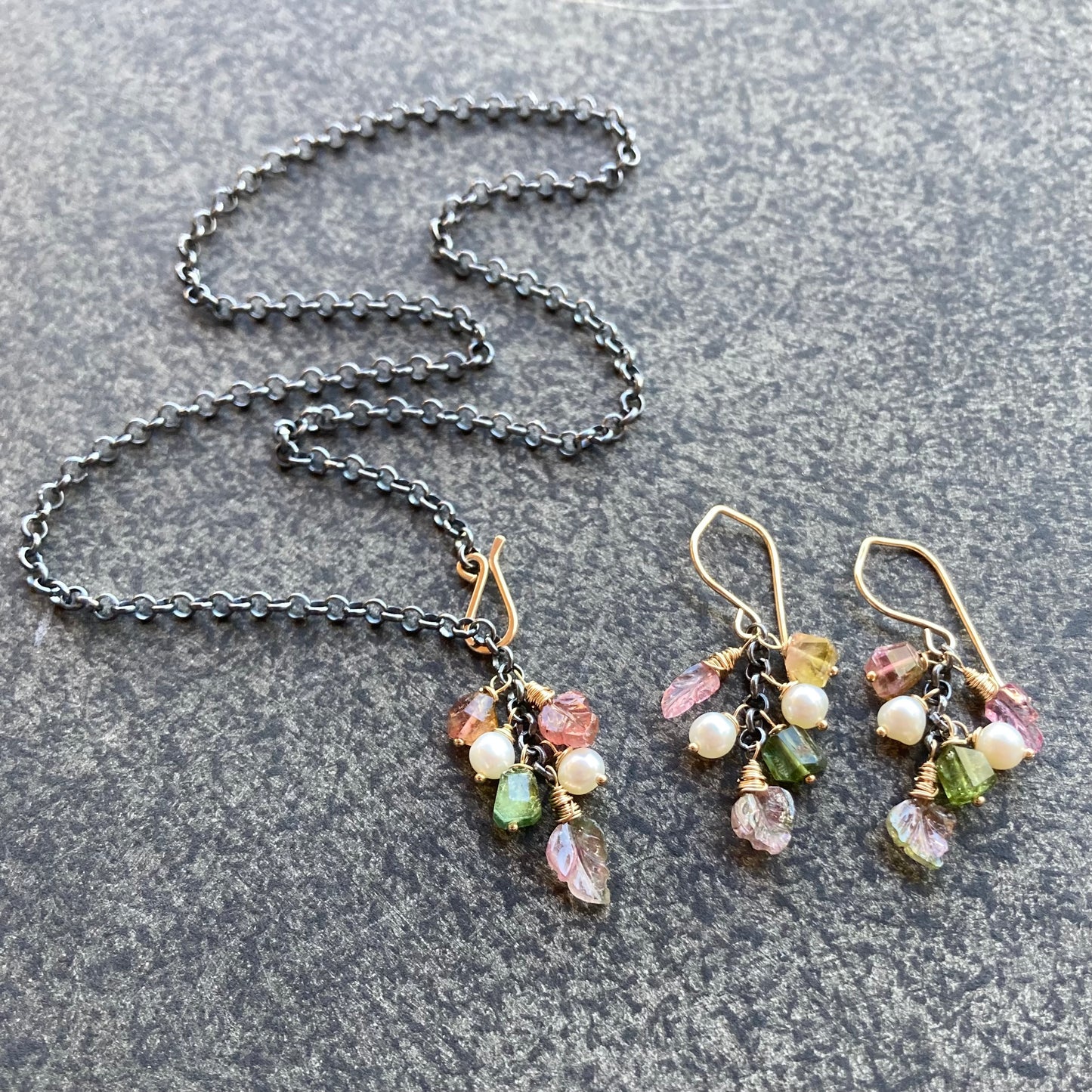 Watermelon Tourmaline, Freshwater Pearl & Mixed Metal Leaf Lariat Necklace