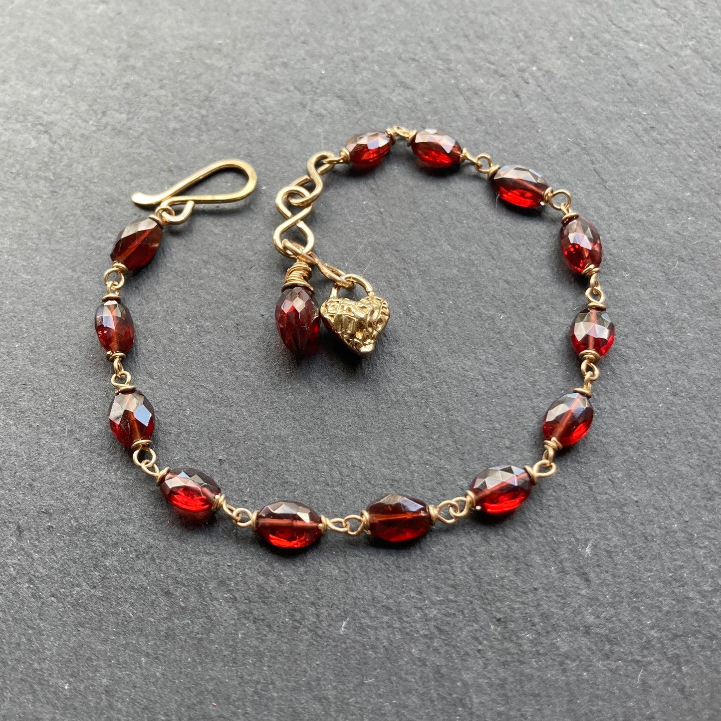 Mozambique Garnet, Gold & Bronze Heart Charm Bracelet