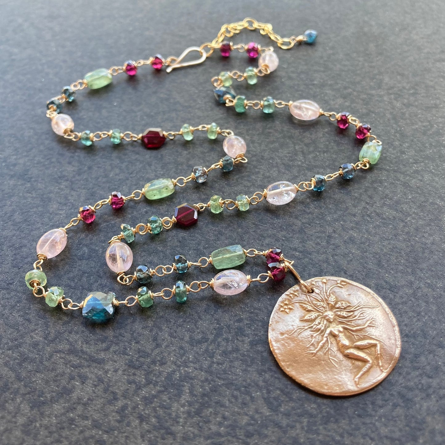 Multi Gemstone, Gold & Bronze Magical Mandrake Coin Necklace