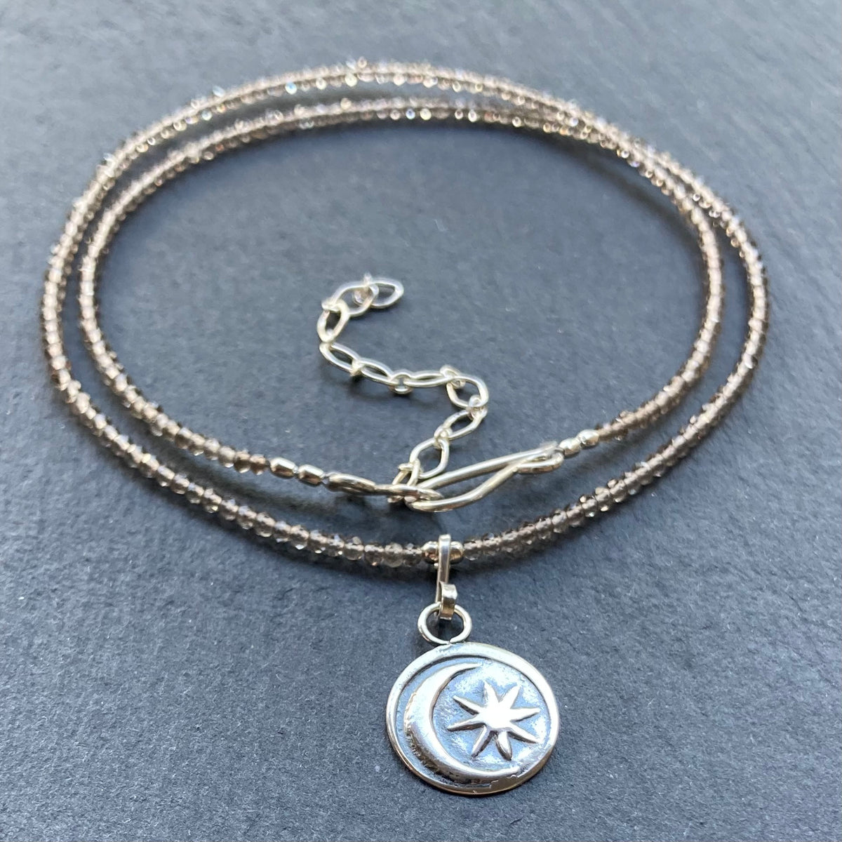 Smoky Quartz & Sterling Silver Sun Moon Pendant Choker