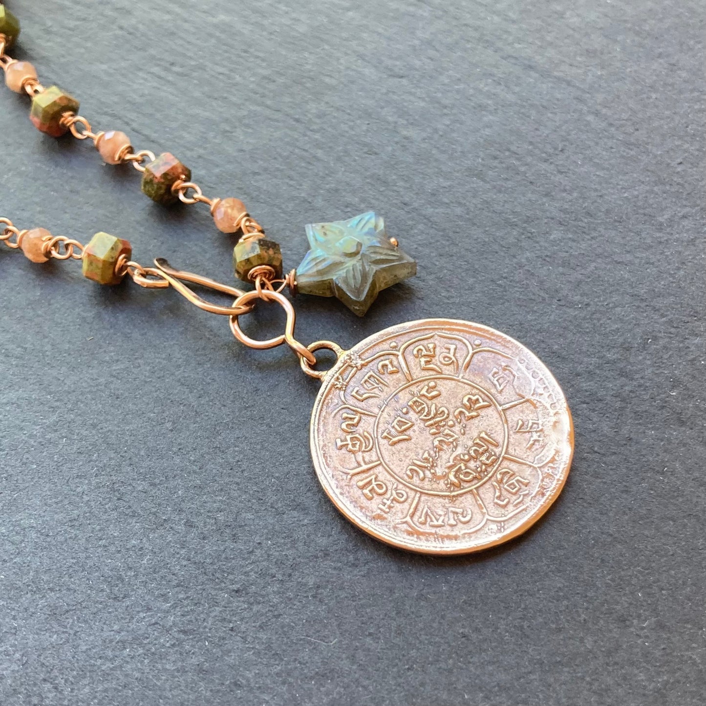 Unakite, Sunstone, Rose Gold & Red Bronze Tibetan Snow Lion Coin Necklace
