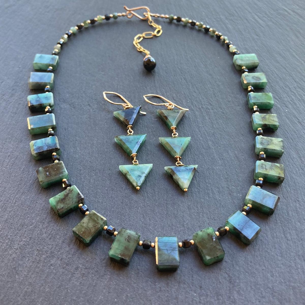 Natural Emerald, Black Tourmaline & Gold Collar