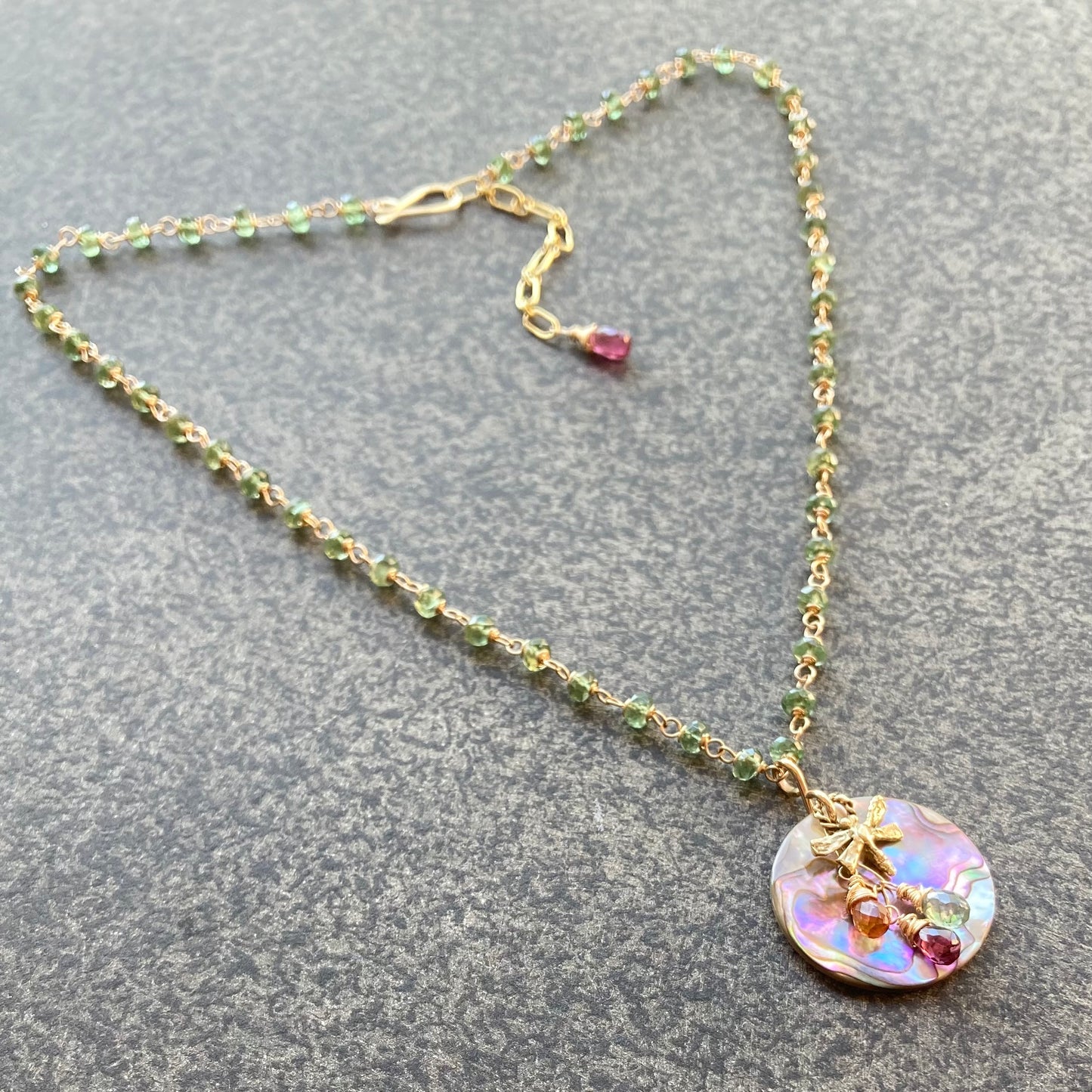 Green Apatite, Gold, Vintage Abalone & Bronze Dragonfly Reflection Pendant Necklace