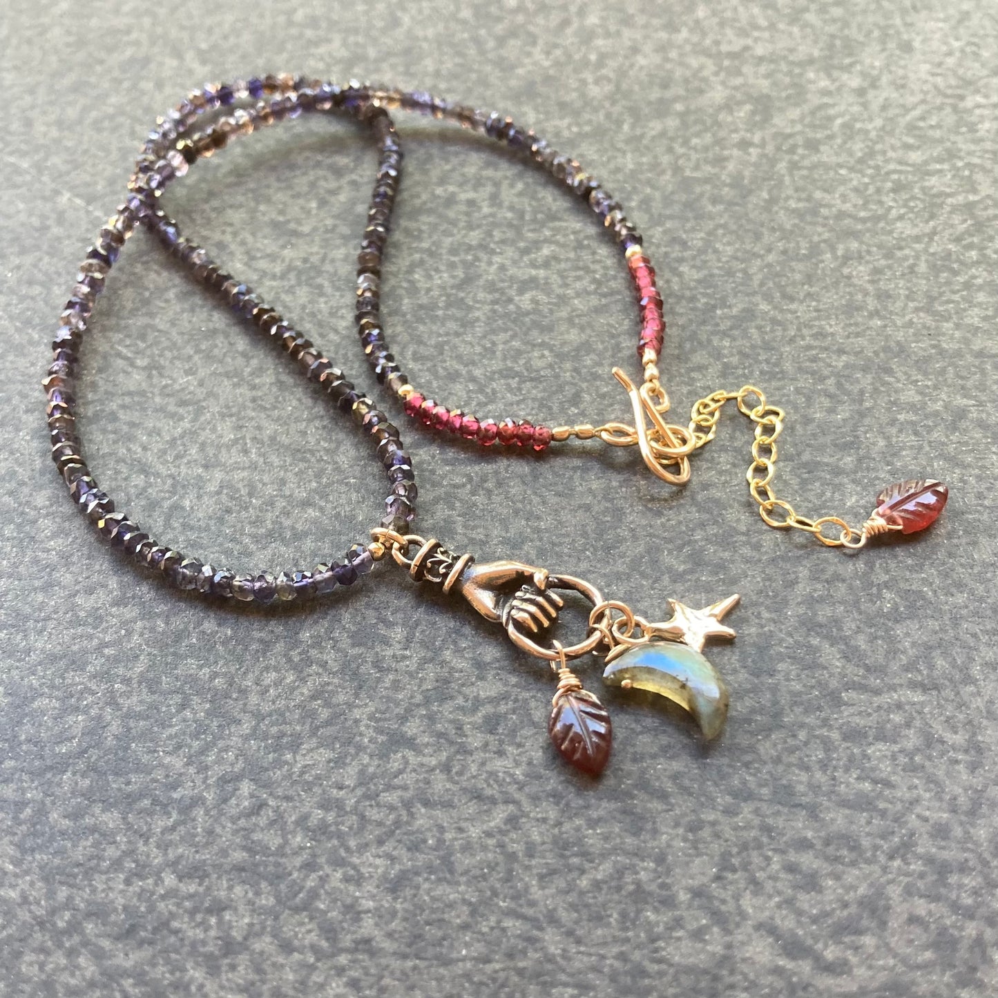 Iolite, Garnet, Gold & Bronze Earth Amulet Charm Choker