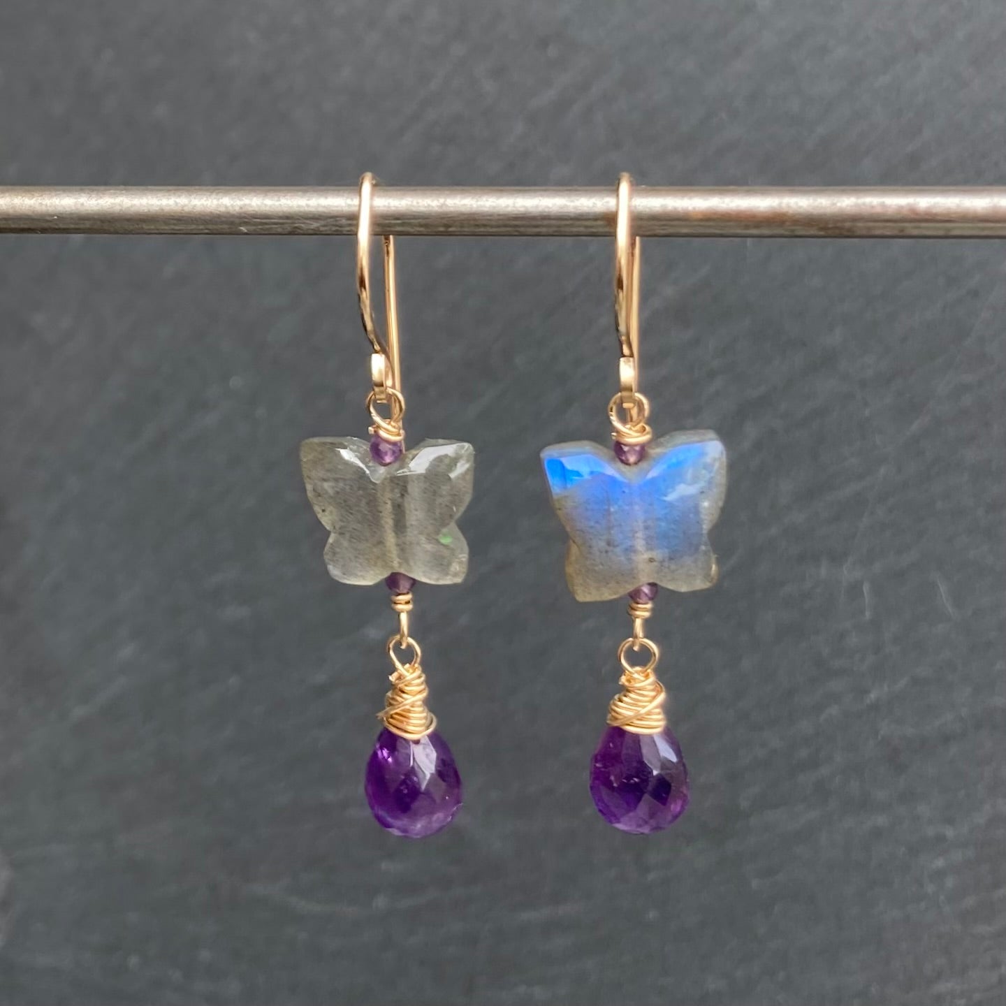 Labradorite, Amethyst & Gold Butterfly Earrings