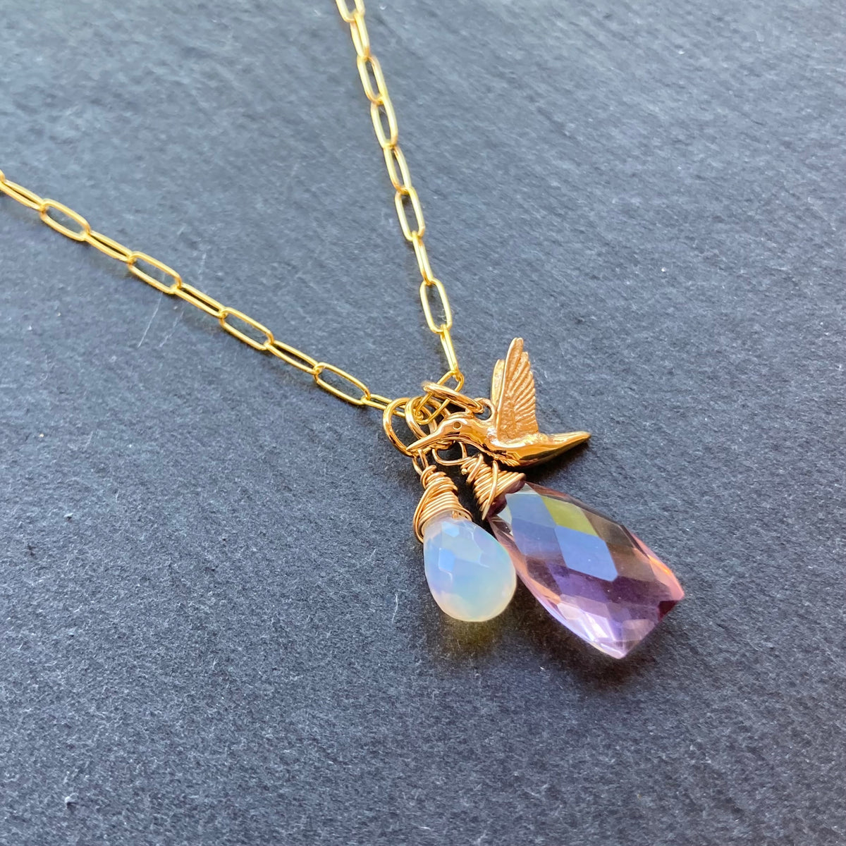 Pink Amethyst, Ethiopian Opal & Gold Hummingbird Charm Necklace
