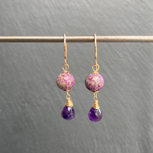 Atlantisite Stichtite, Amethyst & Gold Earrings