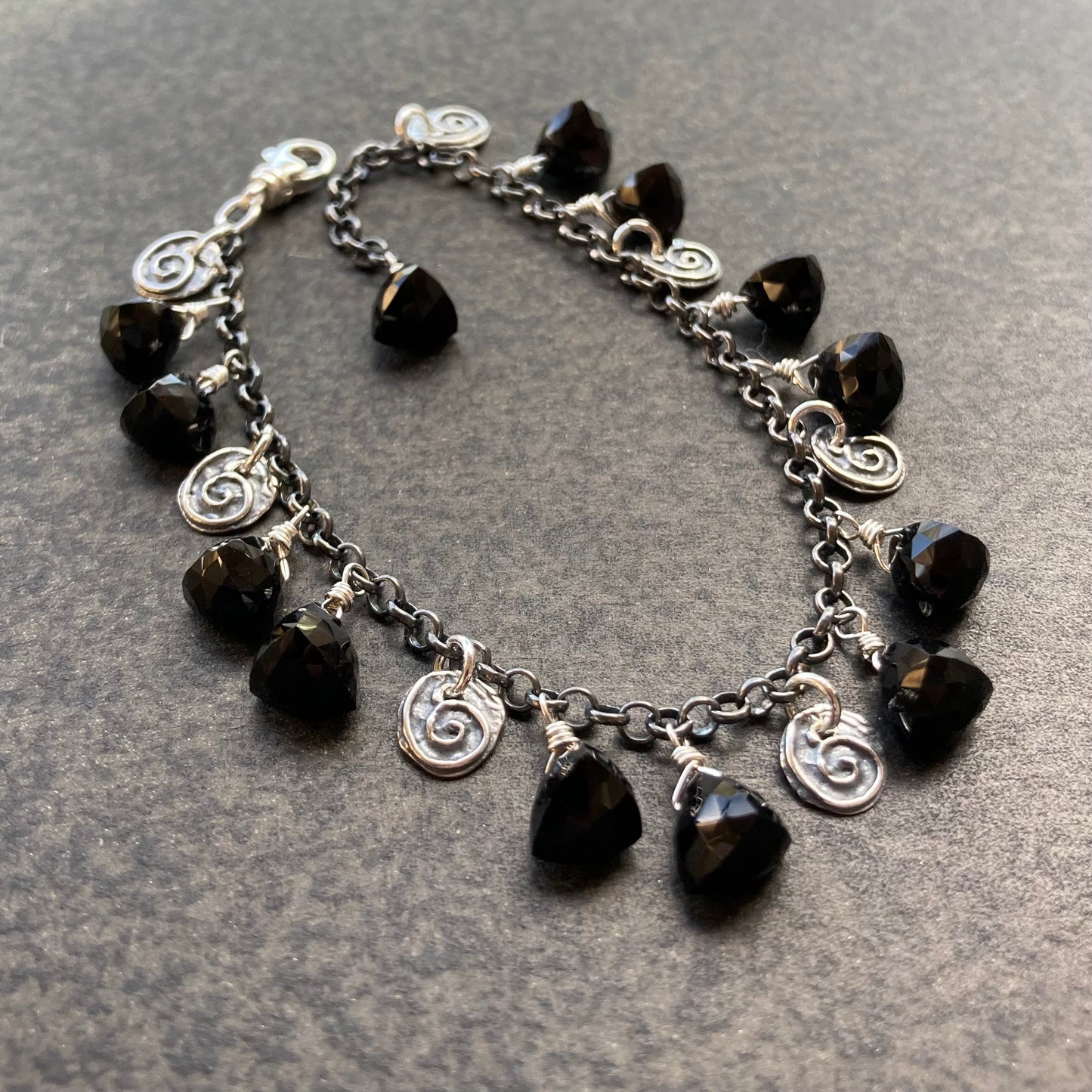 Black Onyx & Sterling Silver Sacred Spiral Charm Bracelet