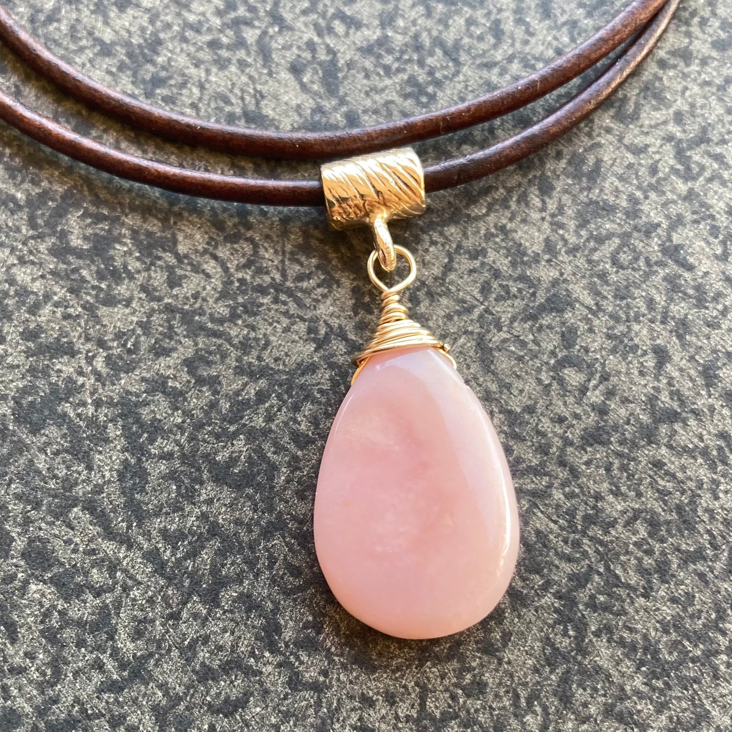 Pink Peruvian Opal & Bronze Leather Choker