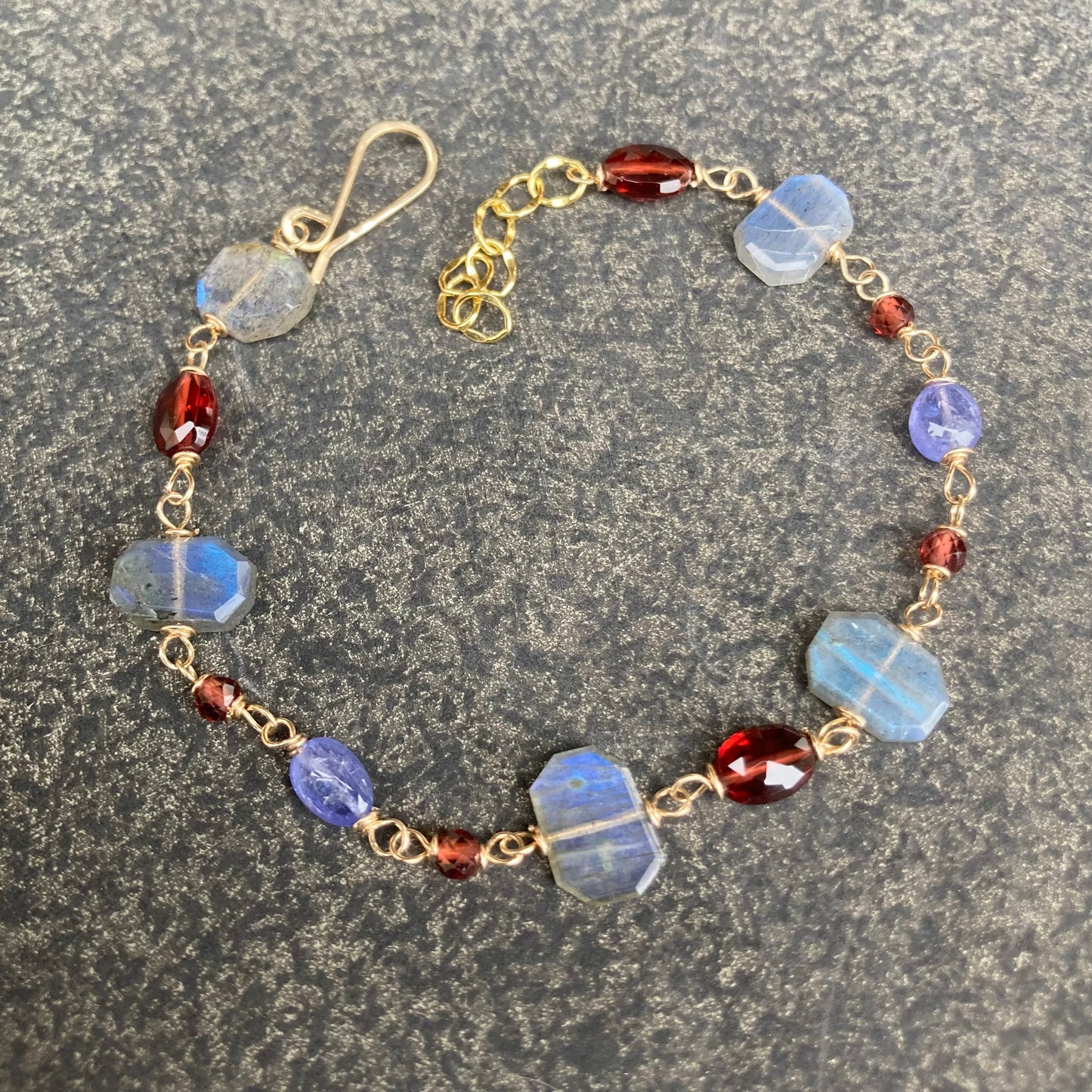 Labradorite, Mozambique Garnet, Tanzanite & 14k Gold Bracelet